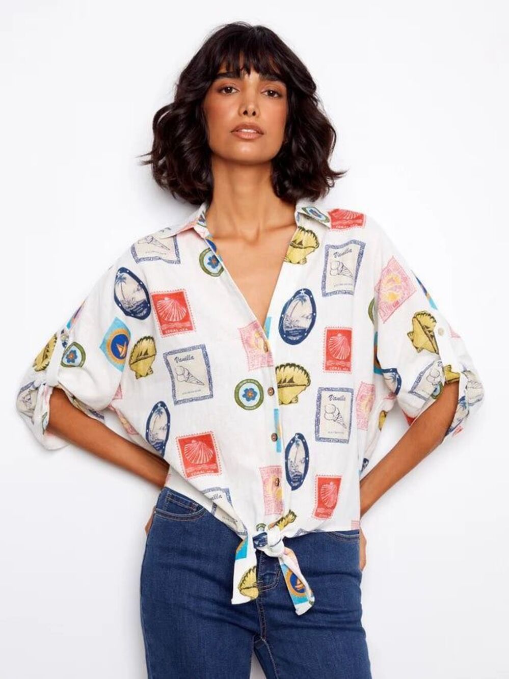 Charlie B Printed Post Card Front Tie Button Up Dolman Sleeve Blouse Sz XL